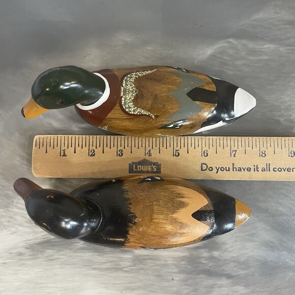 Antique Wood Carved Hand Painted Ducks 8 Inch Lot Of 2 Vtg Hunting Old Mallard - Picture 2 of 8